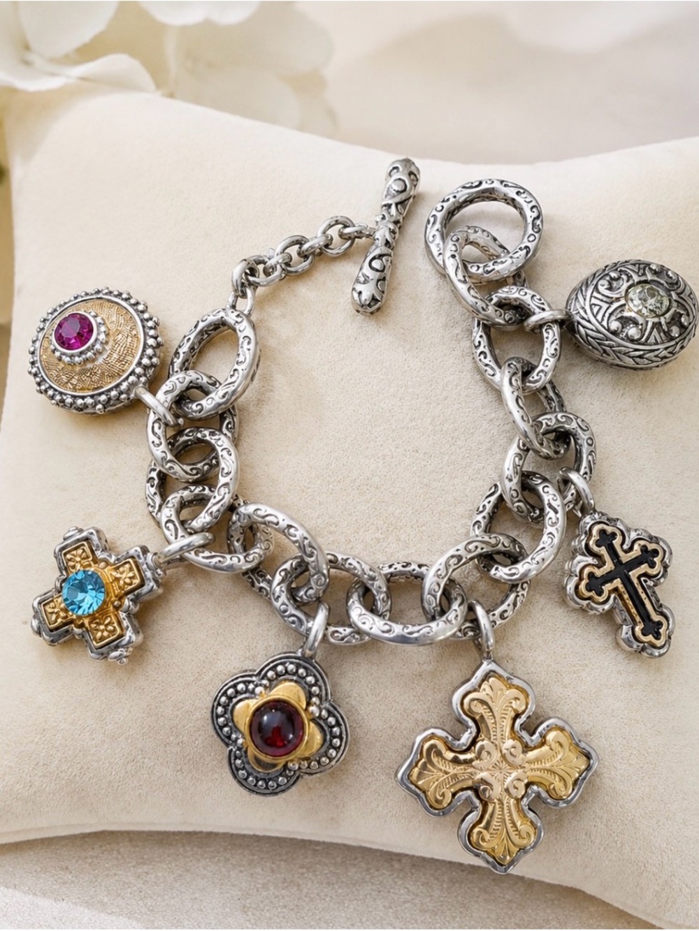 Sterling Vintage Two-Tone Unique Charm Bracelet with Gem Accents.